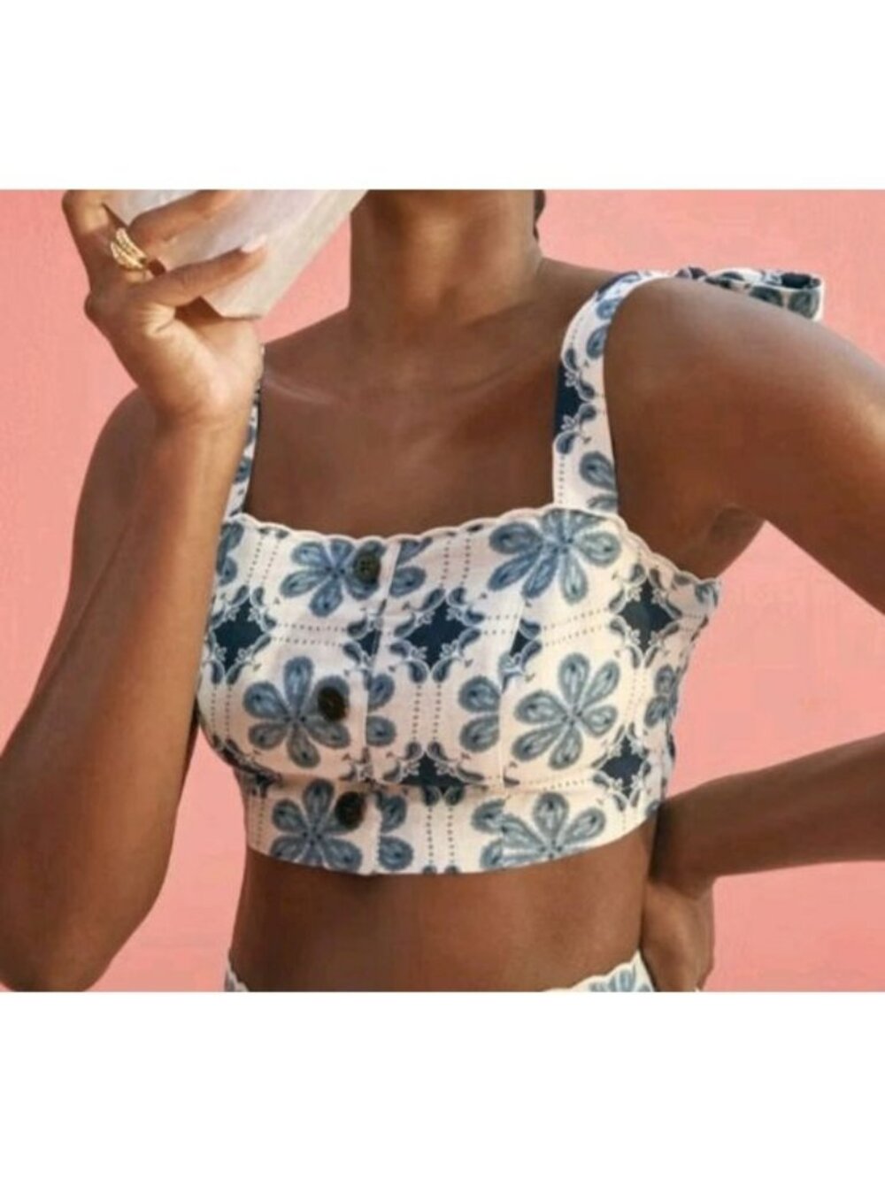 Agua Bendita Tie-Strap Crop Top Size Large Blue & White Floral Linen Blend